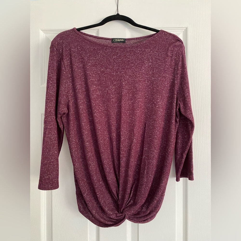 Ladies burgundy scoop, neck, long sleeve twisted front top